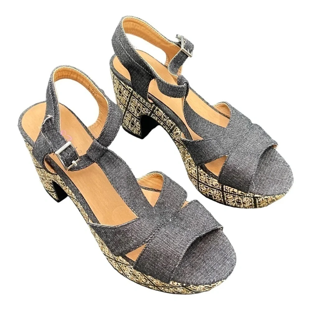 Lov Mark Denim Wicker Platform Sandals NWOT
